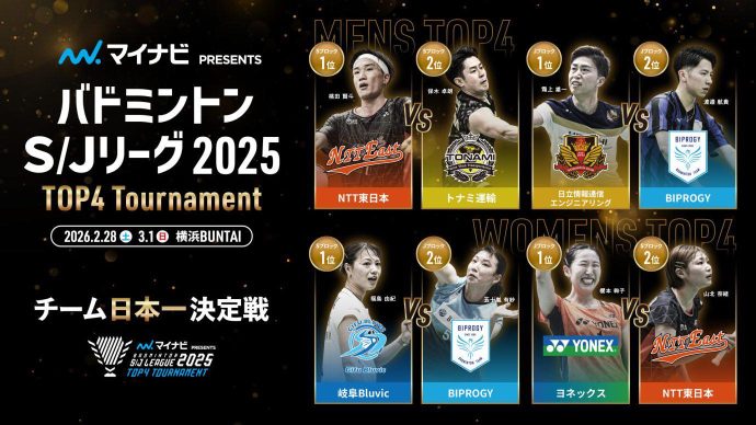 【チケットプレゼント】マイナビ PRESENTS バドミントン Ｓ/Ｊリーグ 2025 TOP4 Tournament 観戦チケットプレゼント！